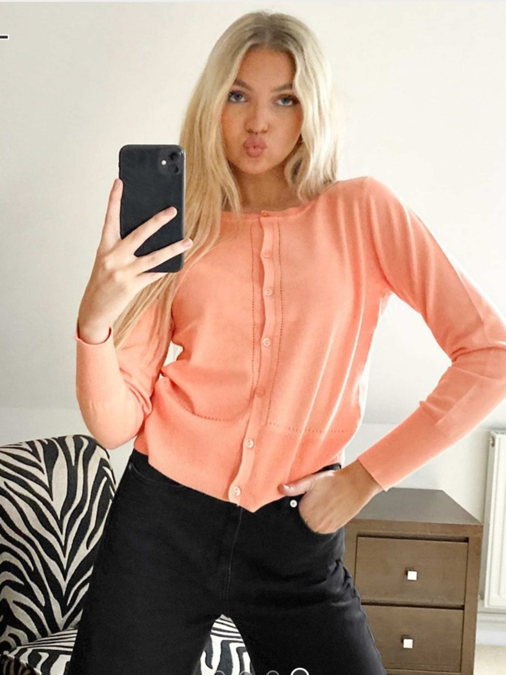 Button Down Lightweight Knit Cardigan Sweater in Coral/ Peach